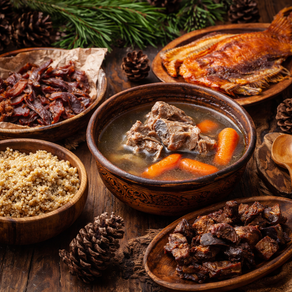 Çeşitli geleneksel yemeklerin yer aldığı bir masa: tabağın içinde etli sebze çorbası, yanında kinoa, kurutulmuş et ve kızartılmış balık ile servis edilen yöresel yiyecekler.