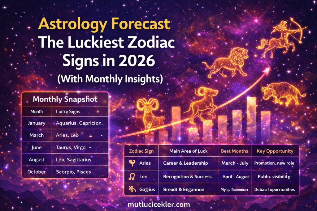 Astroloji tahmini, 2026 yılında en şanslı burçları gösteren bir grafik. Her ay için şanslı burçlar, 2026'da fırsatlar ve önemli aylar hakkında bilgiler içeriyor.