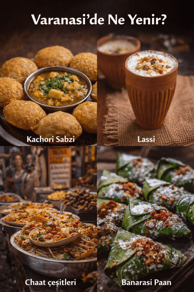 Varanasi'de yenen popüler yemekler: Kachori Sabzi, Lassi, Chaat çeşitleri ve Banarasi Paan.