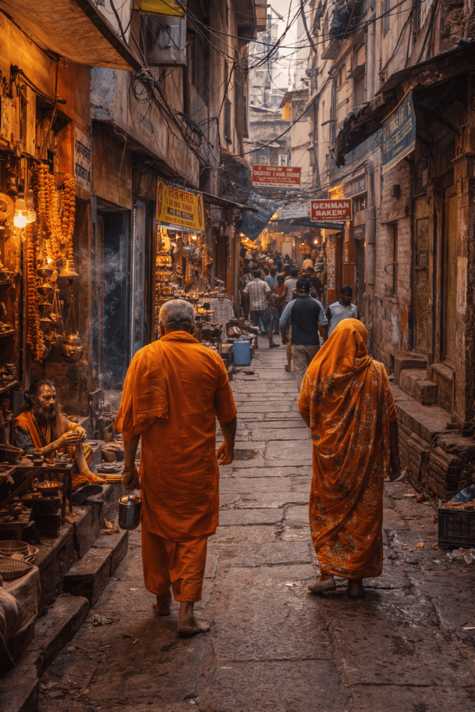 Varanasi'nin dar, labirent gibi sokaklarında yürüyen iki kişi; biri turuncu giysi giymekte, diğeri ise sarı desenli bir sari ile giyinmiş. Arka planda canlı bir pazar atmosferi görülüyor.