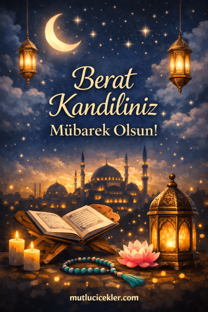 Berat Kandili'ni kutlayan, ay ve yıldızlarla süslenmiş gökyüzü arka planda yer alan bir ortamda, açık bir Kuran, mumlar, tesbih ve bir lotus çiçeği ile süslenmiş bir lamba görünmekte.