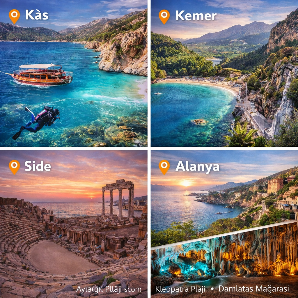 Kaş'ta mavi denizde dalgıç ve tekneler