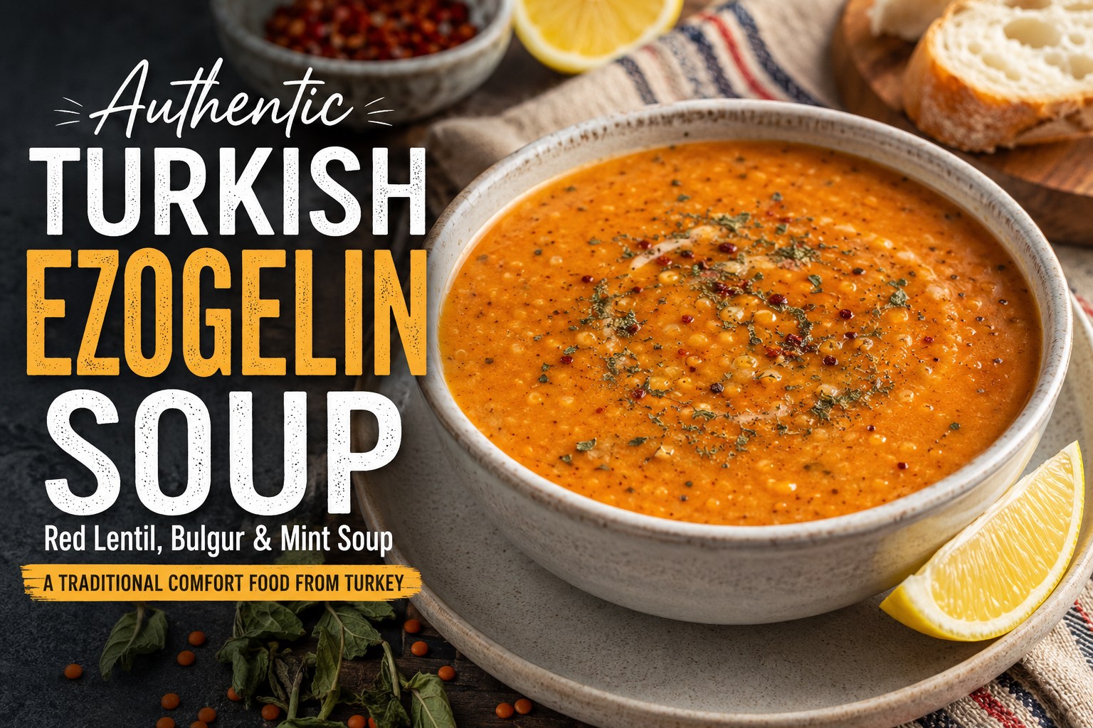 Authentic Turkish Ezogelin soup with red lentils, bulgur, dried mint and lemon