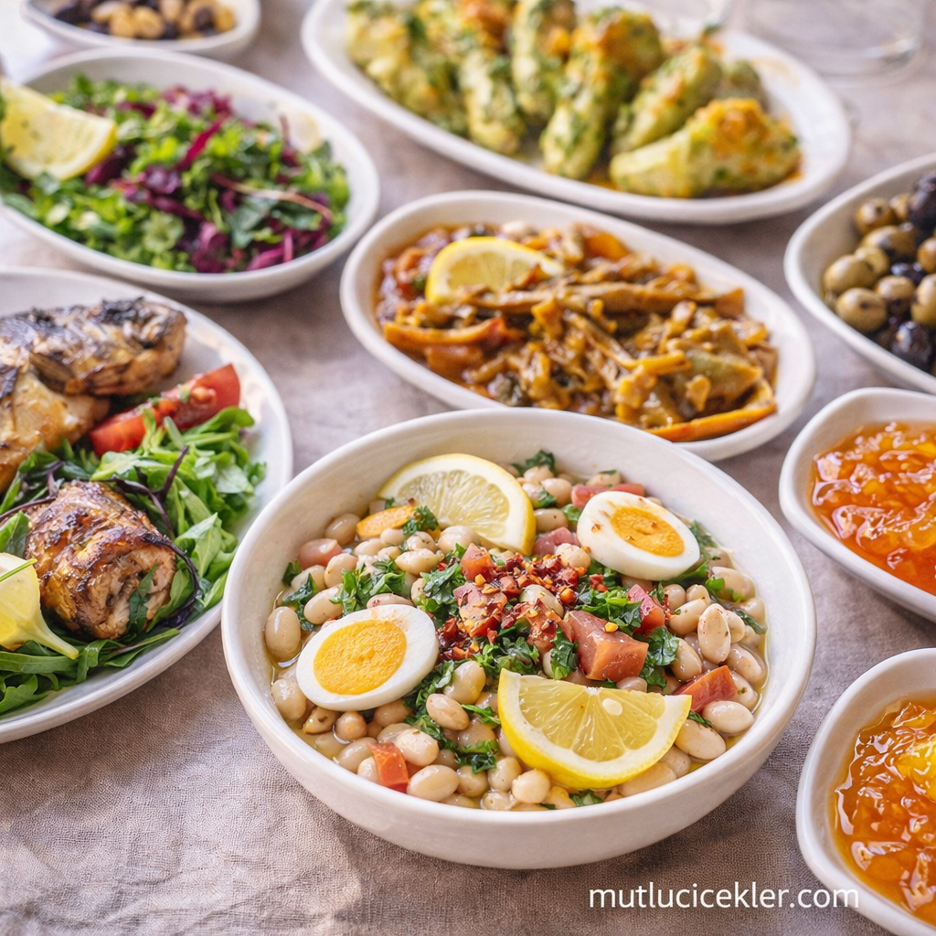 Çeşitli mezelerin yer aldığı renkli bir masa, ön planda kıymalı fasulye salatası, haşlanmış yumurta dilimleri ve limon dilimleriyle süslenmiş.