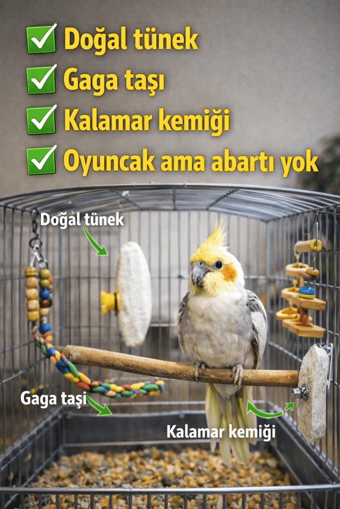 Burada bir muhabbet kuşu, doğal tünekte oturmakta ve kafes içindeki gagası ile kalamar kemiği, gagataşı ve oyuncaklarla çevrelenmiştir.