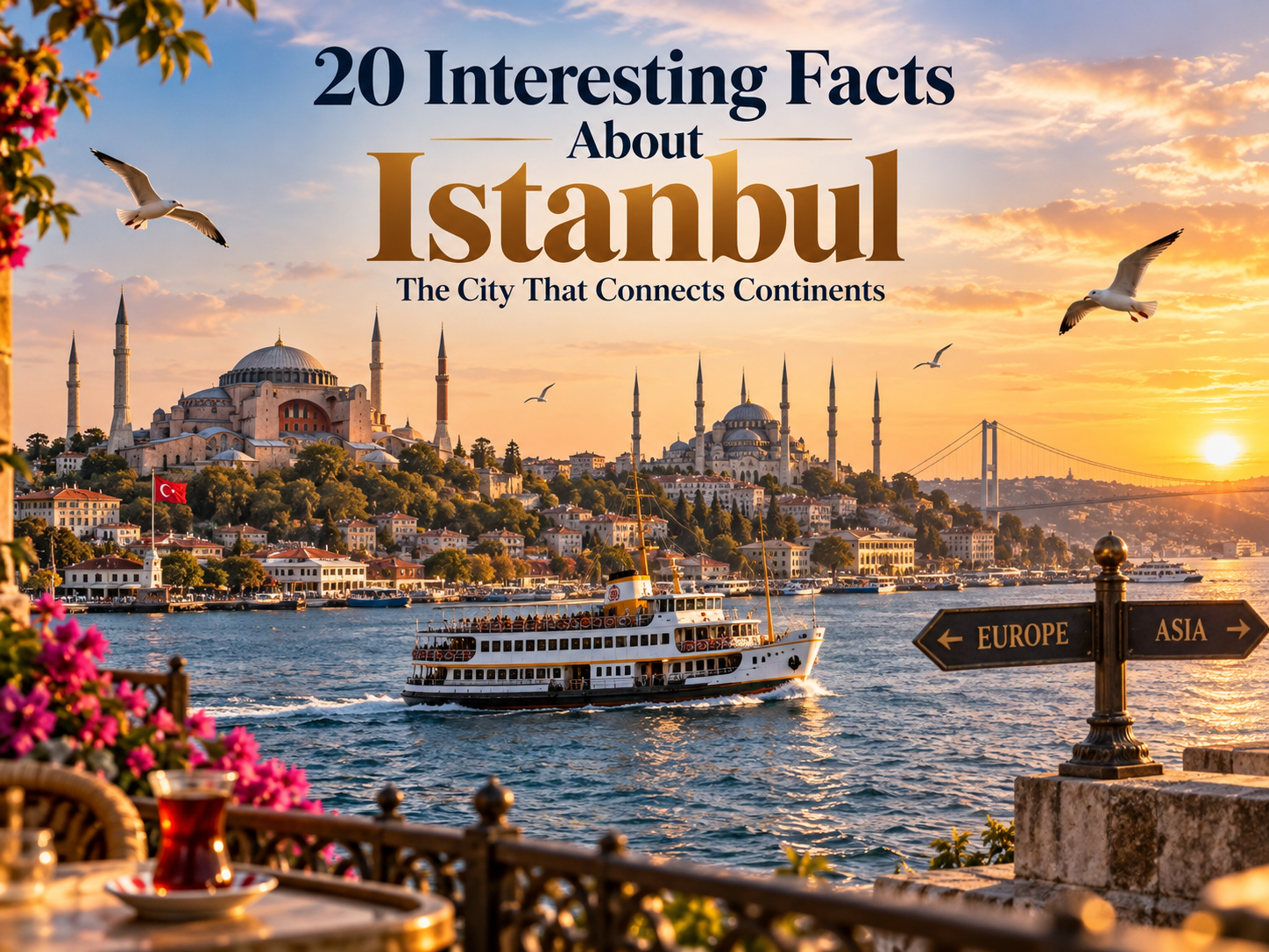 Istanbul skyline with Bosphorus ferry, Hagia Sophia, Blue Mosque and Europe-Asia view for 20 interesting facts about Istanbul