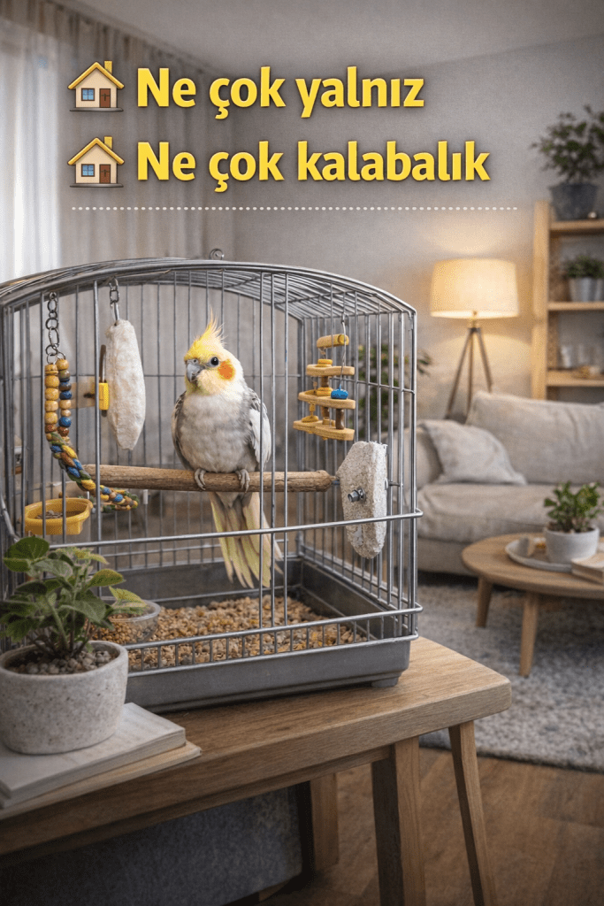 Bir kafeste mutlu bir muhabbet kuşu, modern bir oturma odasında.