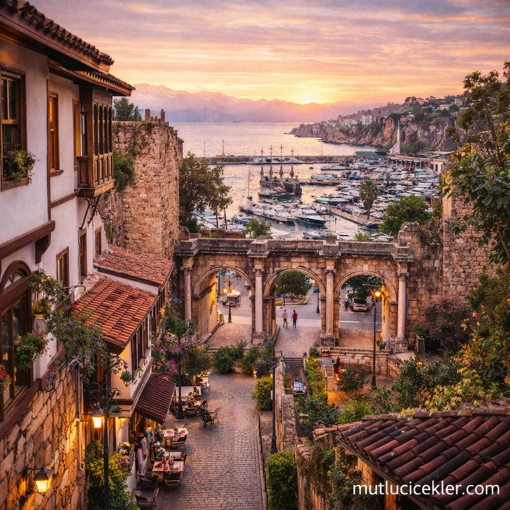 Antalya'da gün batımında tarihi bir sokak manzarası, arka planda yalı ve liman görünmekte.