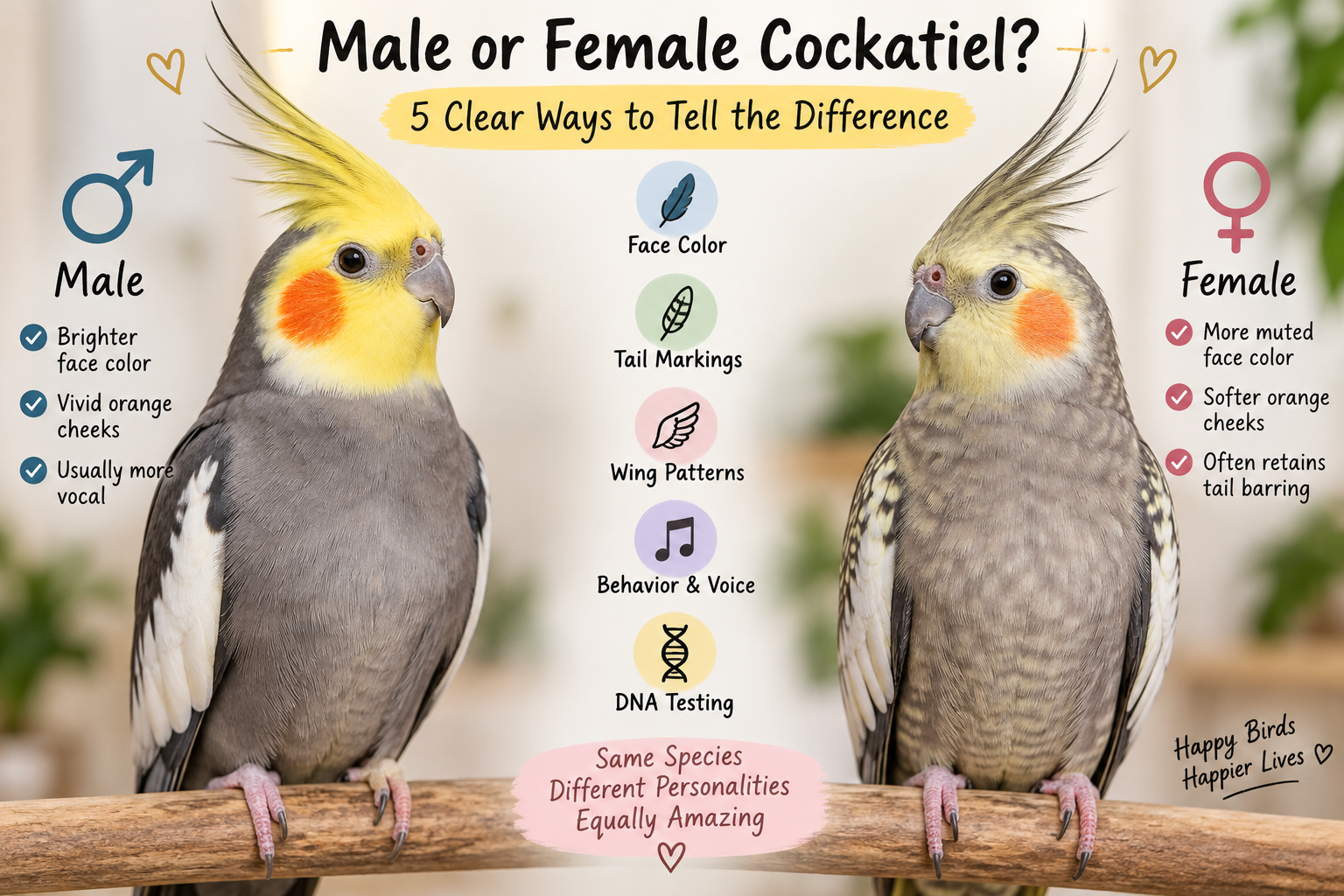 Male vs female cockatiel showing differences in face color and appearance