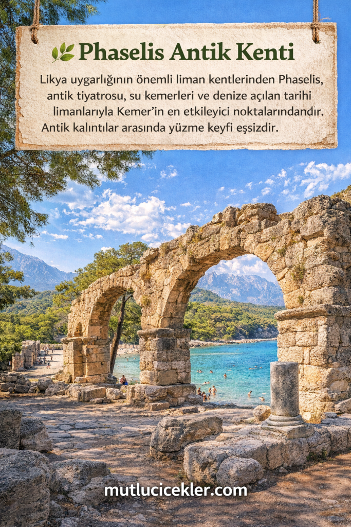 Phaselis Antik Kenti, deniz manzarası eşliğinde tarihi kalıntıları ve yüzme alanları ile fiziksel bir otantik deneyim sunuyor.