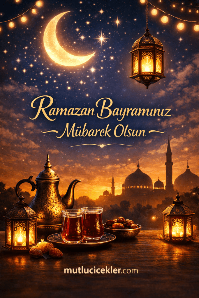 Ramazan Bayramı'na özel tasarım, ay ve yıldızlar ile süslenmiş, çay ve hurma servis edilen bir masa görüntüsü.