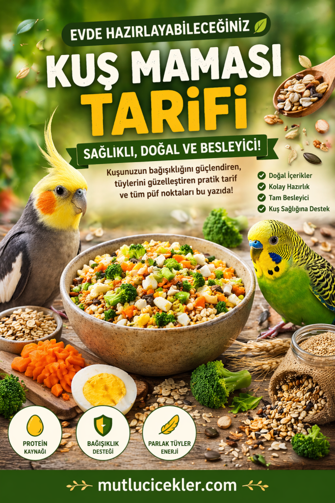 Evde hazırlanabilecek kuş maması tarifi, besleyici malzemelerle dolu bir kasenin yanında sarı ve yeşil bir muhabbet kuşu. Tarifteki malzemeler arasında havuç, brokoli, yumurta ve tohumlar var.