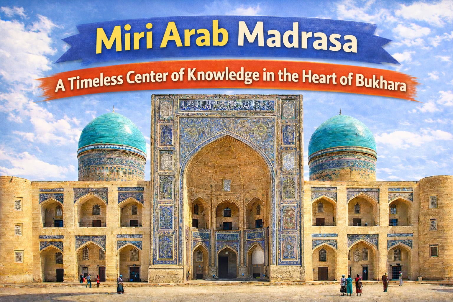 Mir-i-Arab Madrasa in Bukhara, Uzbekistan, with its blue domes and richly decorated Islamic architectural facade