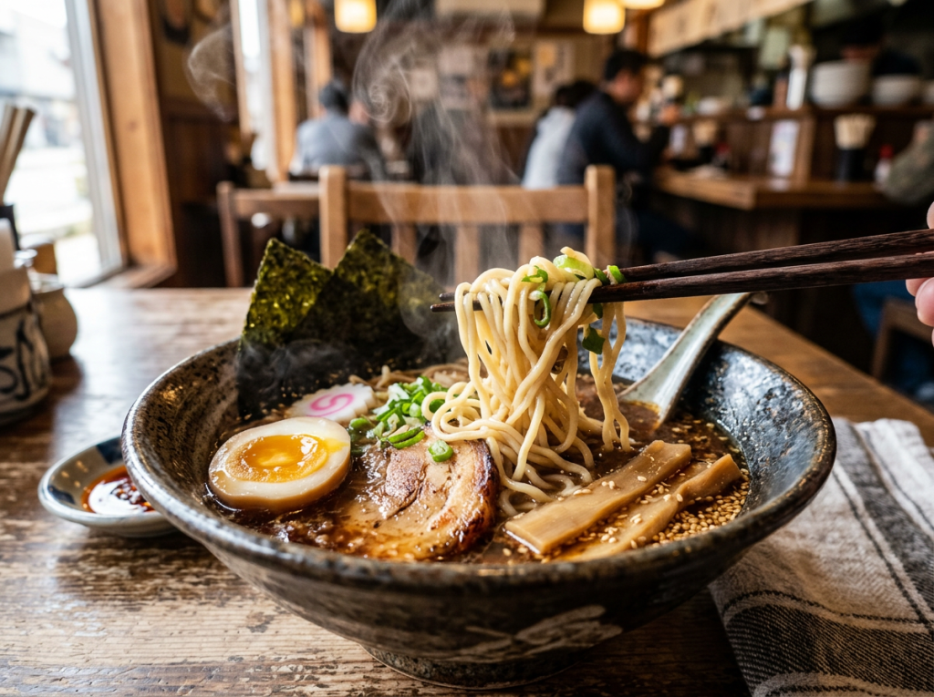 Steaming bowl of ramen with noodles, soft-boiled egg, sliced pork, seaweed, and green onions