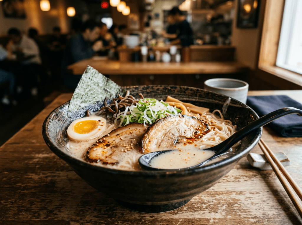 Bowl of Japanese ramen with sliced pork, soft-boiled egg, seaweed, green onions, and noodles
