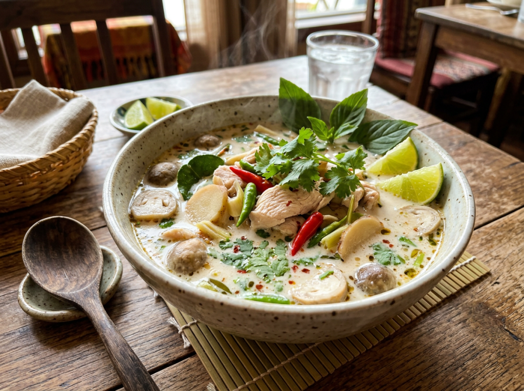 Bowl of Thai chicken coconut soup with mushrooms, chili peppers, cilantro, and lime on wooden table