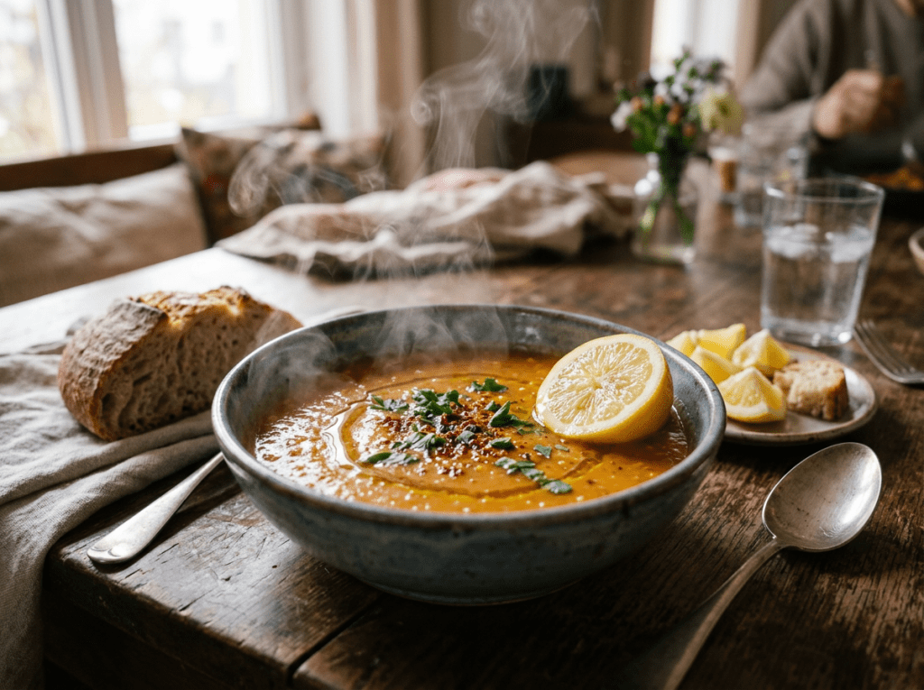 Steaming bowl of lentil soup with chopped herbs and lemon wedge