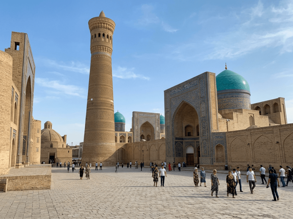 Po-i-Kalyan complex with minaret and turquoise domed buildings in Bukhara