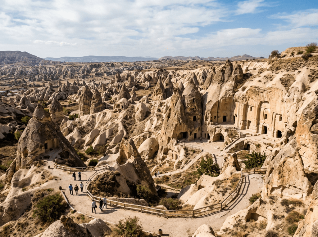 Rock formations with carved cave dwellings and tourists walking on pathways