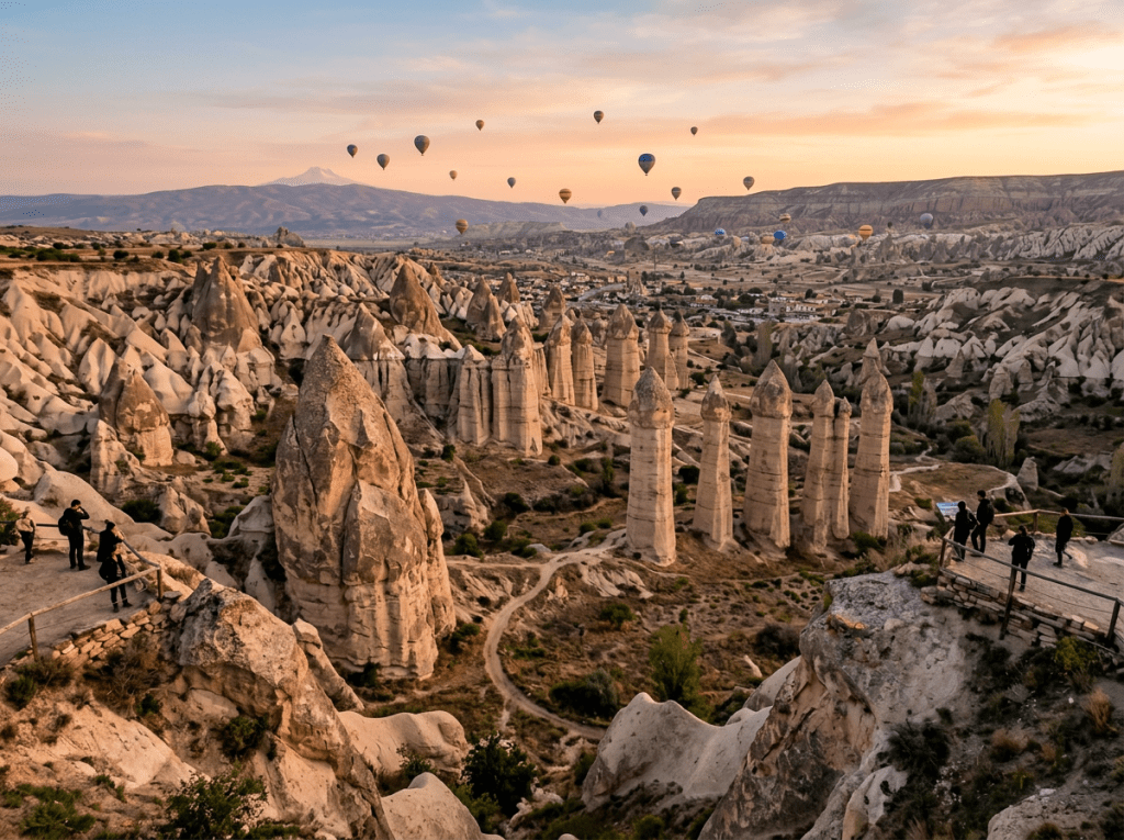 Hot air balloons flying over tall, cone-shaped rock formations with people observing from viewpoints