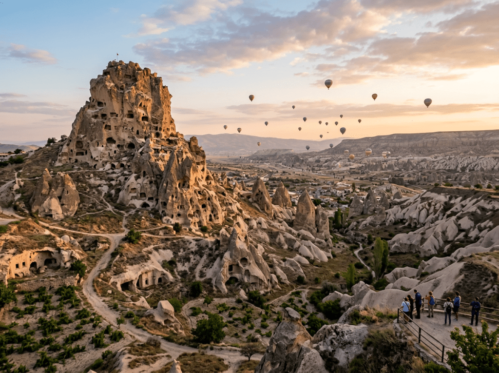 Uçhisar Castle overlooking Cappadocia landscape