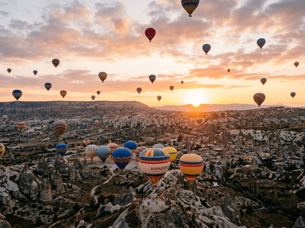 Hot air balloons over Cappadocia at sunrise