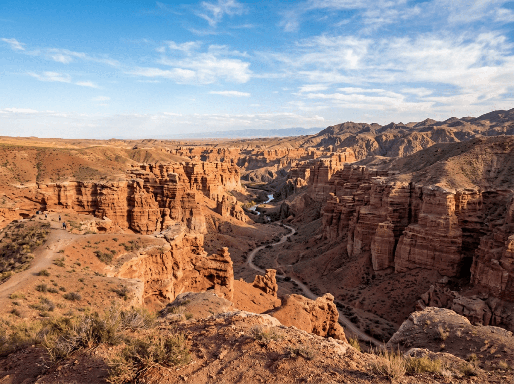 Red rock canyon with a winding river and a dirt path under a blue sky with white clouds.