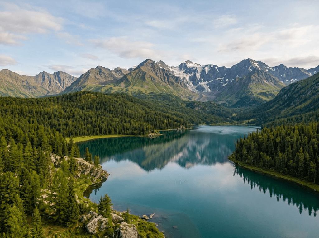 Snowy mountains and evergreen trees surrounding a calm, partially frozen lake reflecting the cloudy sky