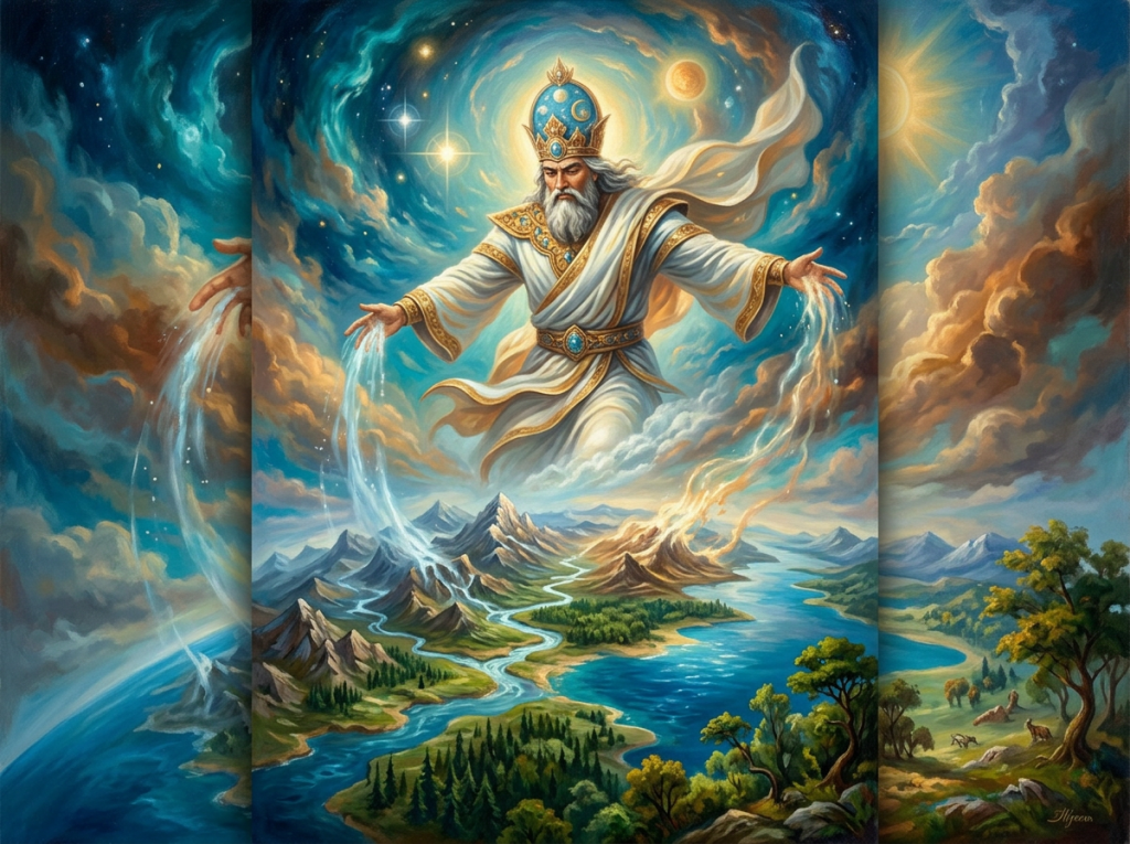 Deity in blue and white robes pouring water from one hand and fire from the other onto mountains and rivers below