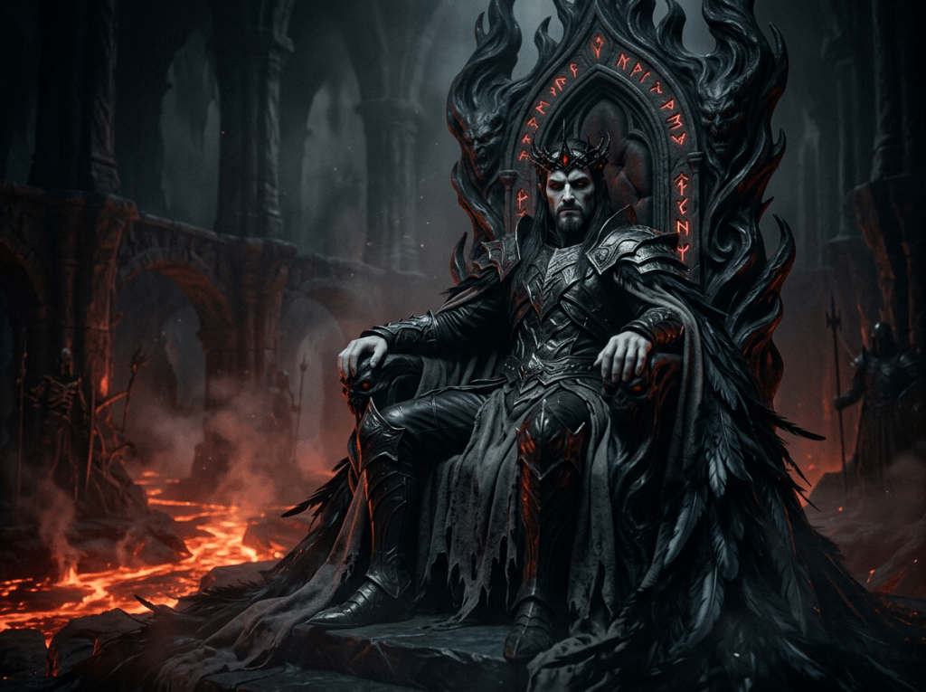Dark armored king with a spiked crown seated on a throne with glowing runes