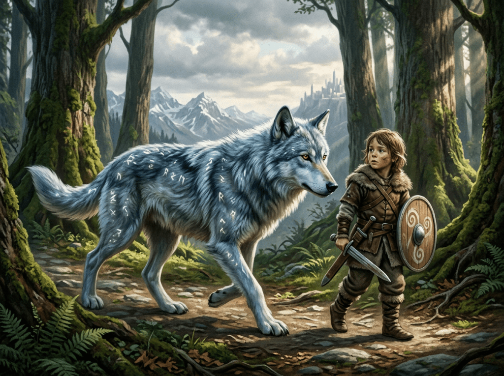 A young warrior child with a sword and shield walking beside a large wolf with glowing runes in a forest path.