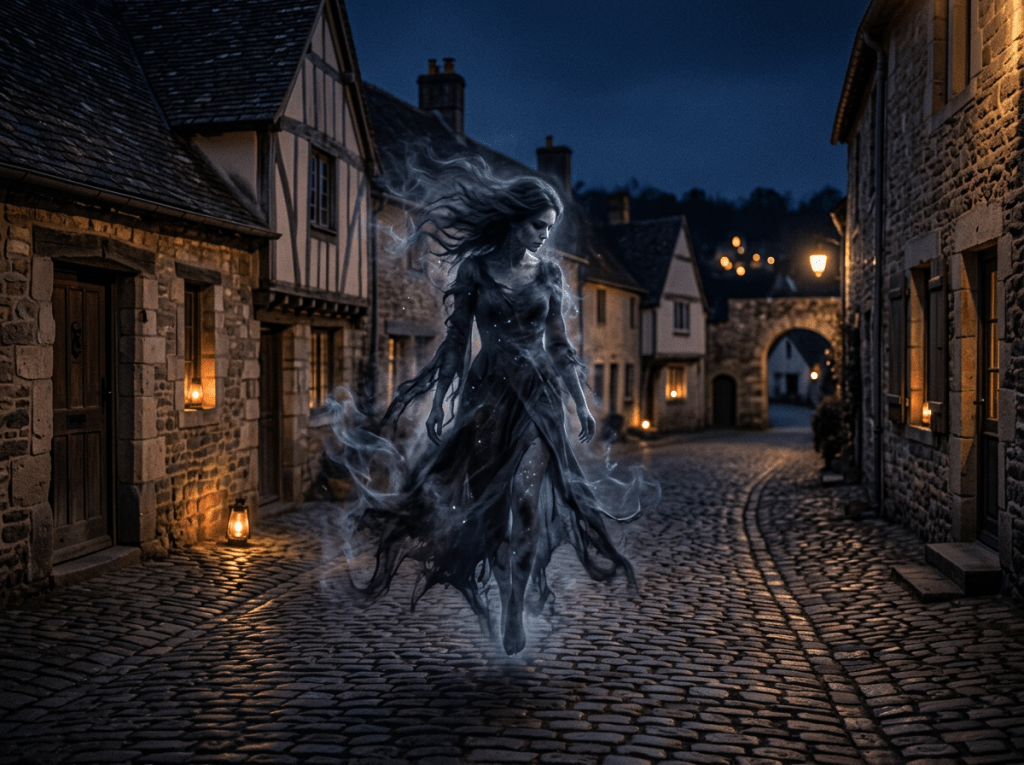 A translucent, ethereal woman in dark flowing dress floating above a cobblestone street in a dimly lit village at night