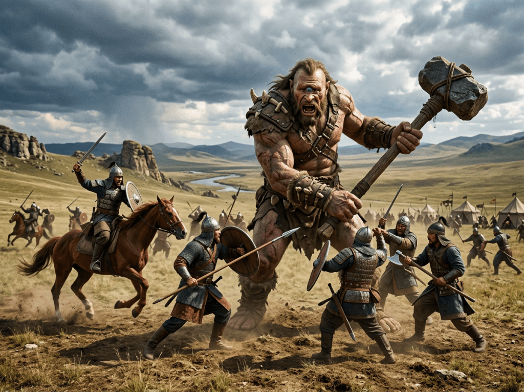 Giant attacking armored warriors with a stone hammer on a grassy plain
