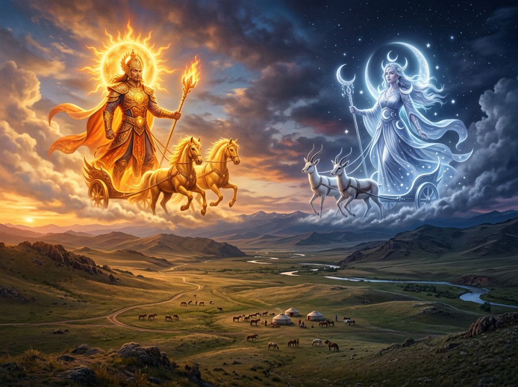 Sun god on golden chariot with horses and moon goddess on silver chariot with antelopes over landscape