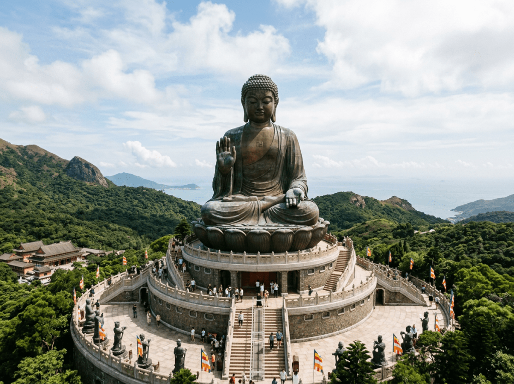 Tian Tan Buddha statue seated on a circular platform surrounded by visitors and mountain scenery