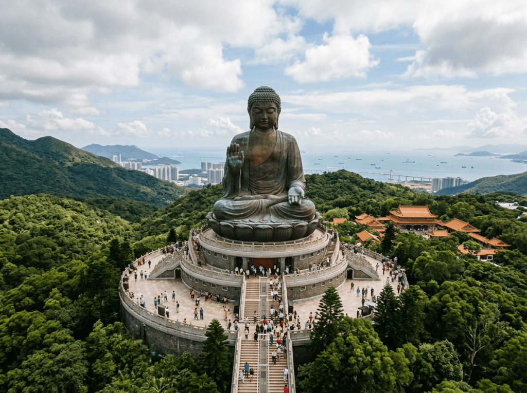 Tian Tan Buddha statue sitting on a circular base surrounded by trees and people with hills and city in the background