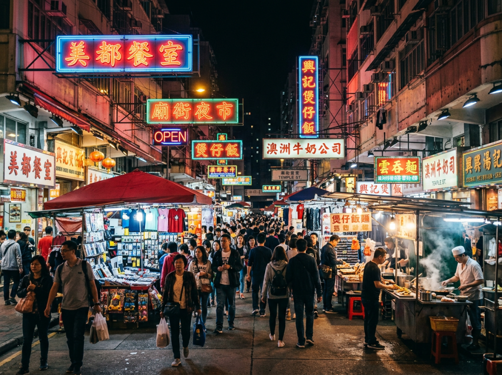Crowded night market street with food vendors and neon signs in Chinese