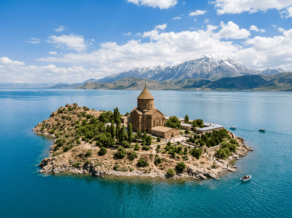 Monastery on Akdamar Island in lake with mountains in background