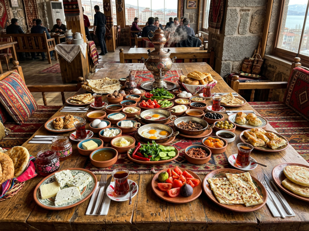Traditional Turkish breakfast featuring breads, cheeses, eggs, vegetables, jams, olives, nuts, and hot tea in a rustic dining room