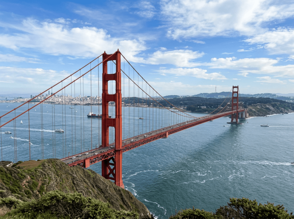 Golden Gate Bridge crossing San Francisco Bay with boats and city skyline