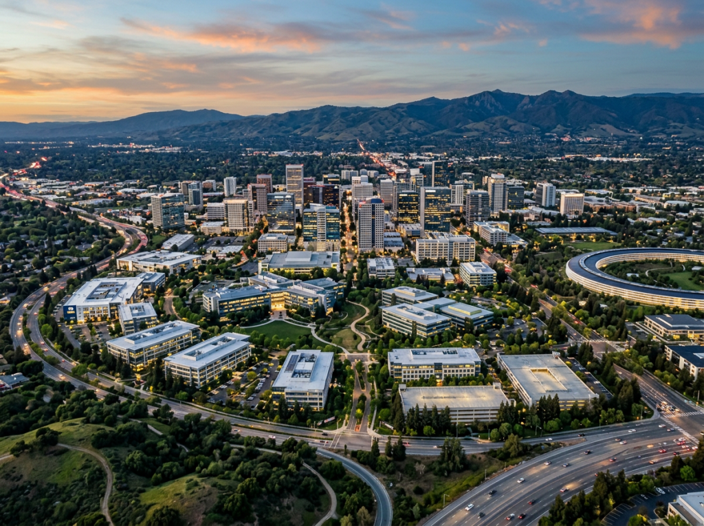 Aerial view of corporate buildings and city skyline with mountains and sunset sky