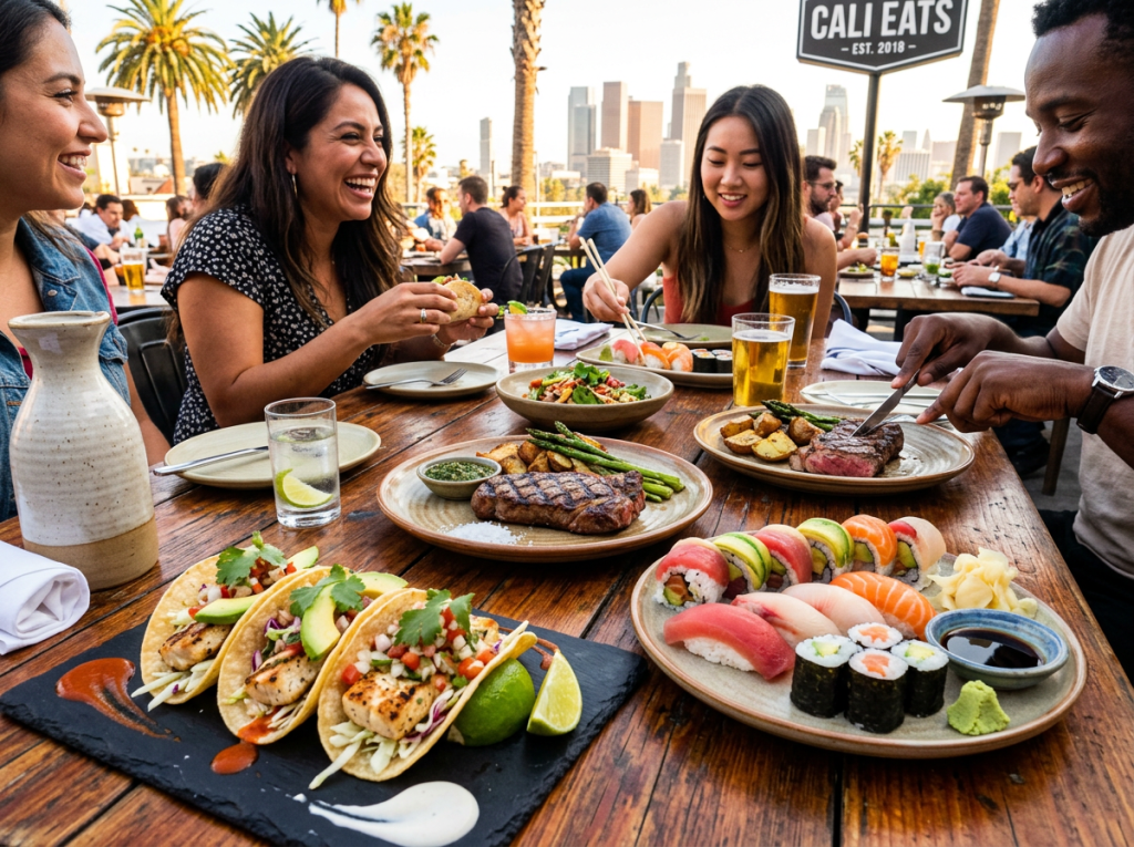 Friends eating tacos, sushi, steak, and drinks at outdoor rooftop restaurant