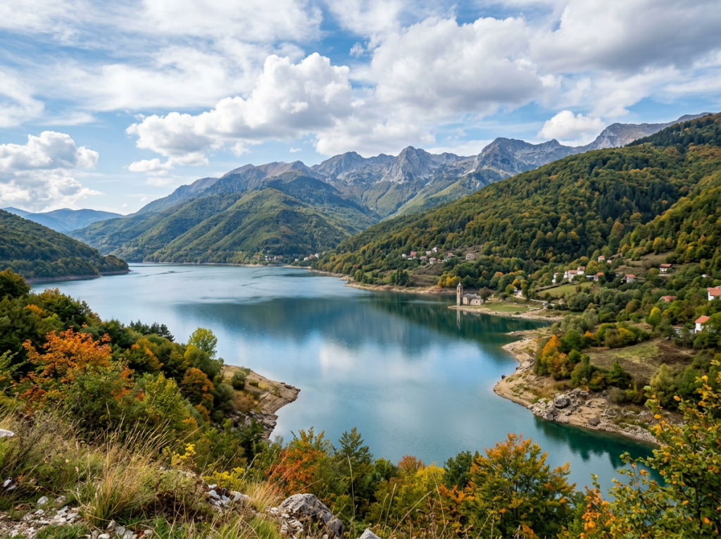Mountain lake reflecting cloudy sky with surrounding forested hills and small village buildings