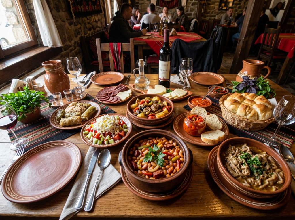 Table with traditional Balkan dishes including salad, beans, stuffed peppers, meat stew, bread, cheese, cured meats, and wine