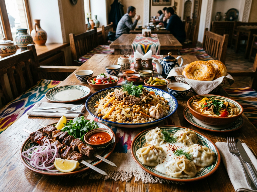 Table with Central Asian dishes including pilaf, kebabs, dumplings, salad, bread, and tea