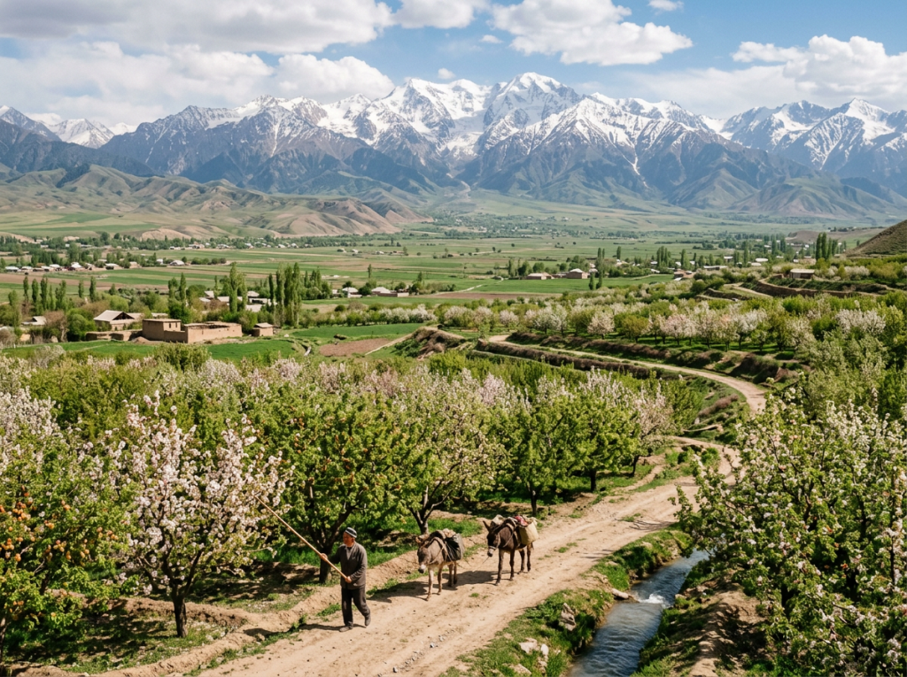 Man walking in blooming orchard with two donkeys and snowy mountains