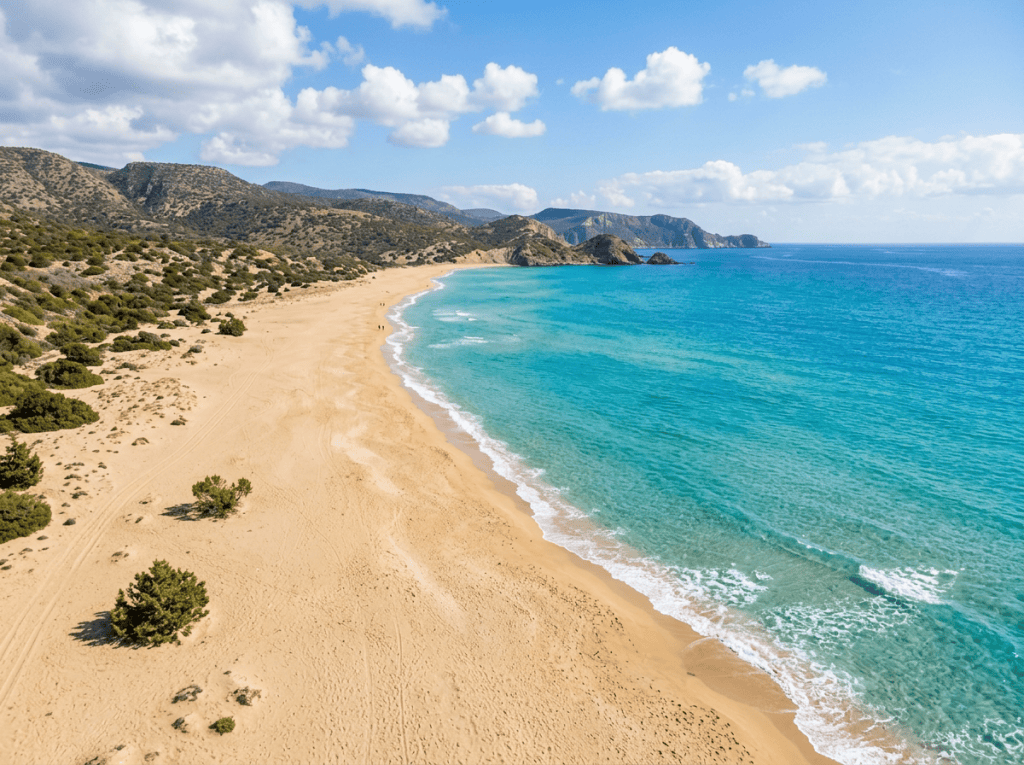 Sandy beach with turquoise sea and hills in background under blue sky with clouds