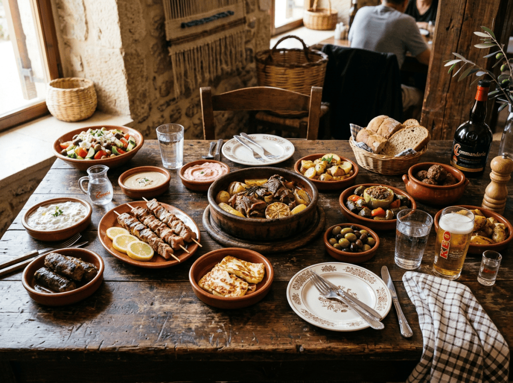 Table filled with Mediterranean dishes including grilled meat skewers, roasted lamb with potatoes, salad, olives, bread, grilled vegetables, dips, and beer.