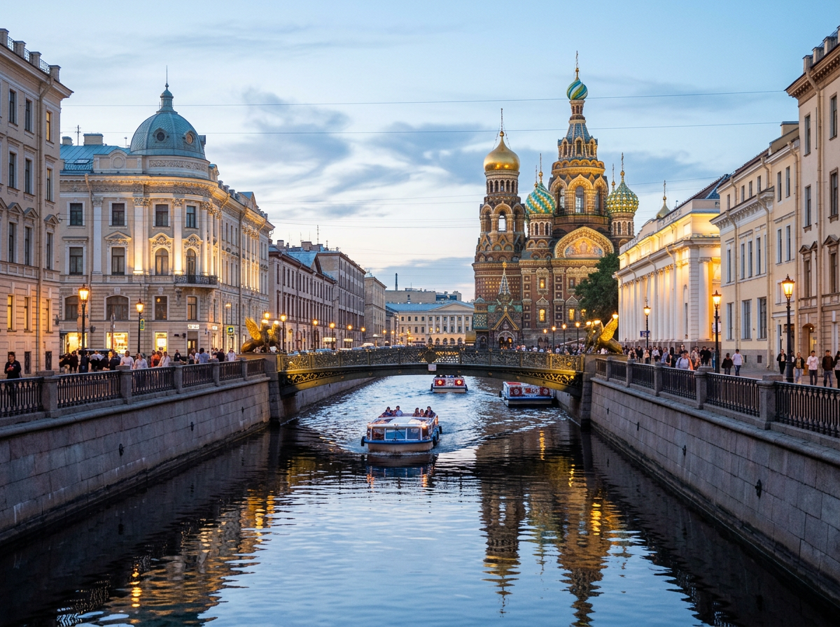 Boats on a canal with Church of the Savior on Spilled Blood and historic buildings at sunset