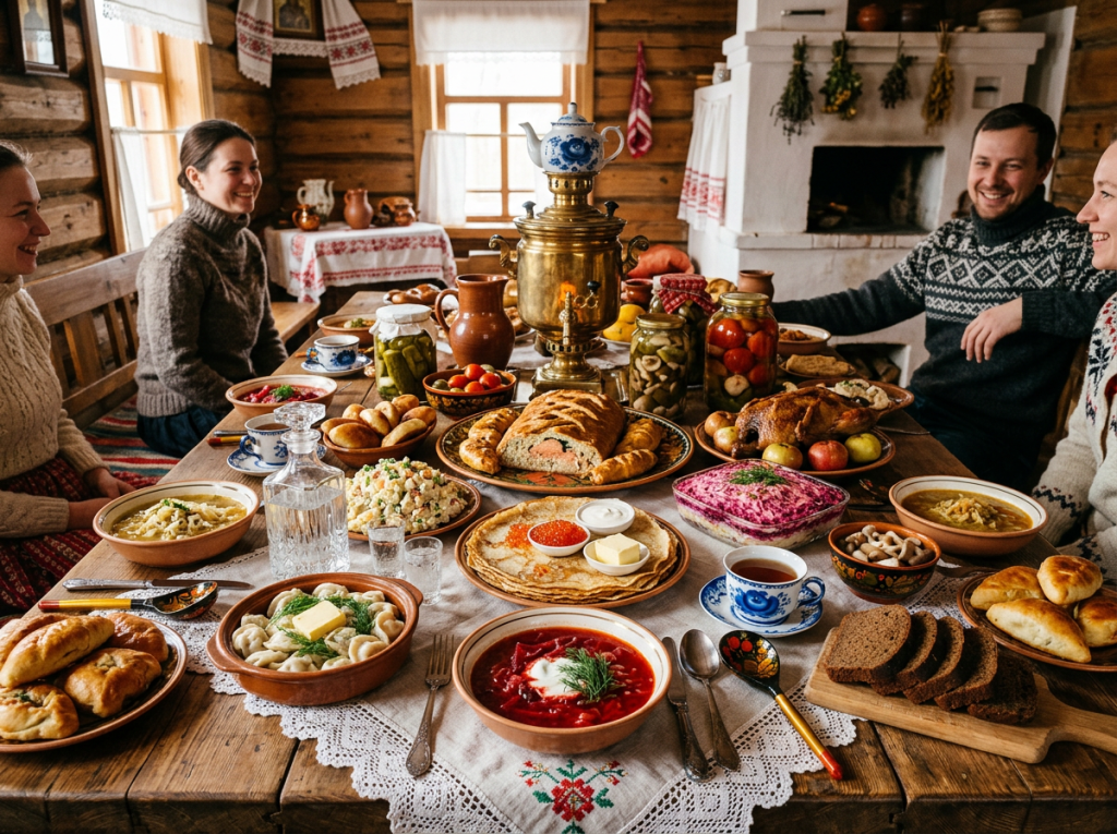 Traditional Russian meal featuring soups, pastries, pickled vegetables and a samovar on a wooden table with people smiling